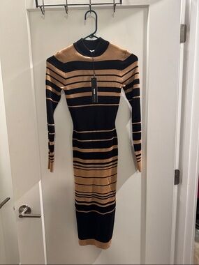 Black and Camel Striped Long-Sleeve Knit Midi Dress